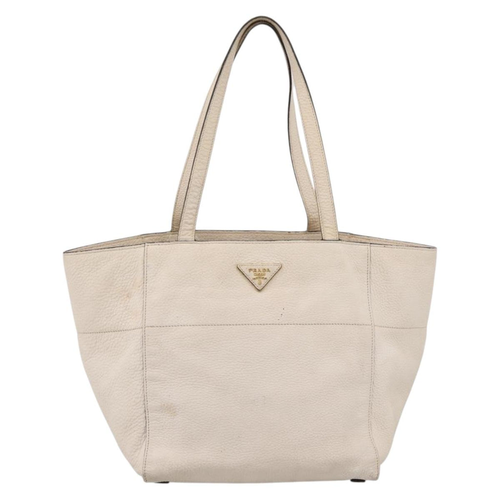 PRADA Tote Bag Leather White Gold Auth bs37576