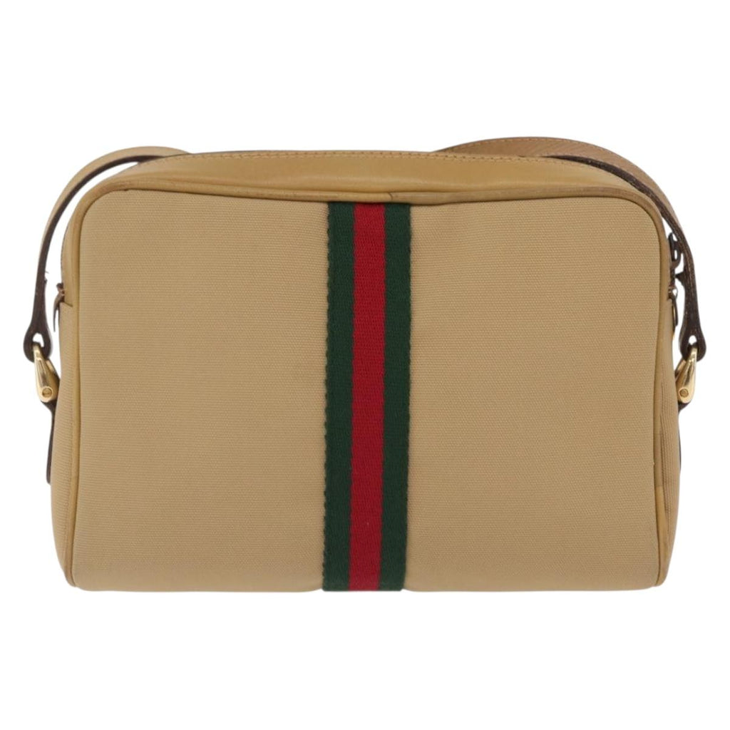 GUCCI Web Sherry Line Shoulder Bag Canvas Beige Gold Tone 010 378 Auth bs37760
