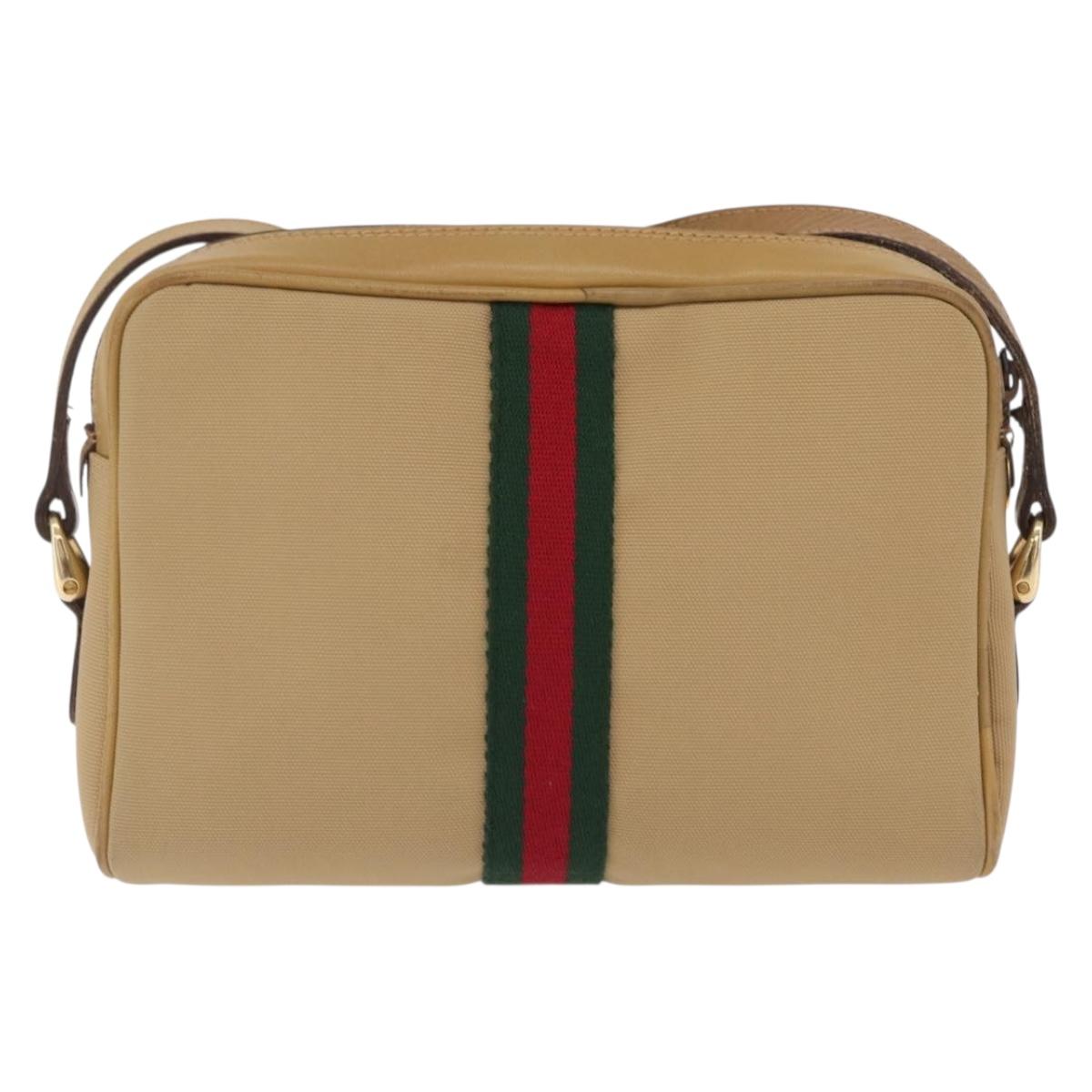 GUCCI Web Sherry Line Shoulder Bag Canvas Beige Gold Tone 010 378 Auth bs37760