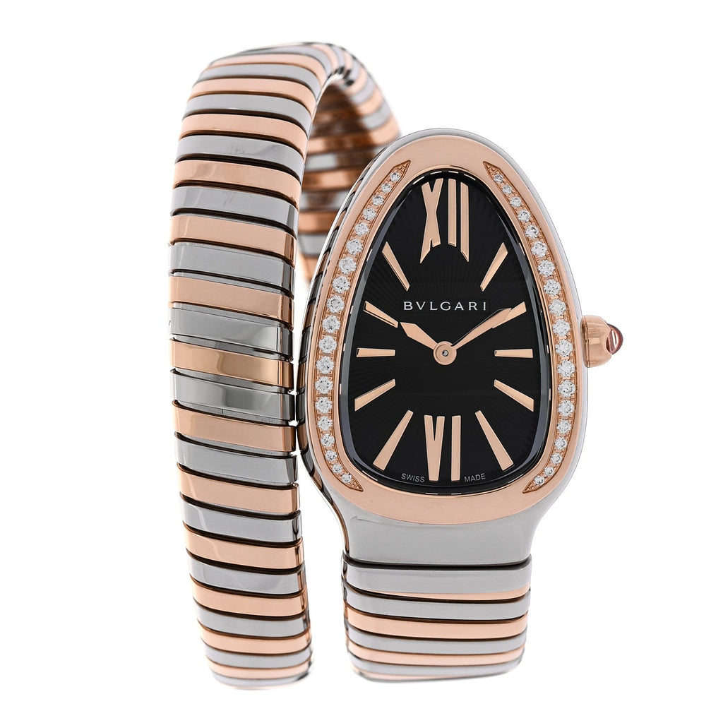Stainless Steel 18K Rose Gold Diamond Bezel 35mm Serpenti Tubogas Quartz Watch Black