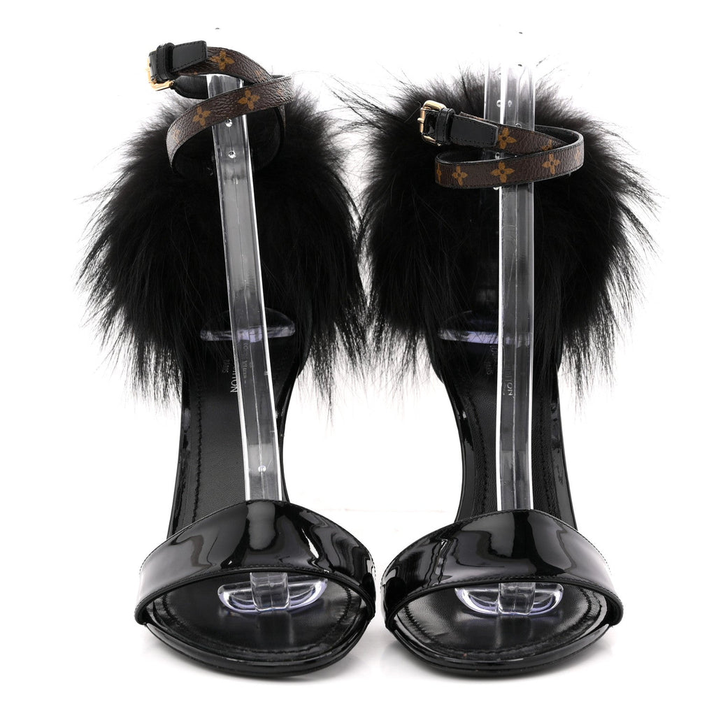 Monogram Patent Fur Sandals 38 Black