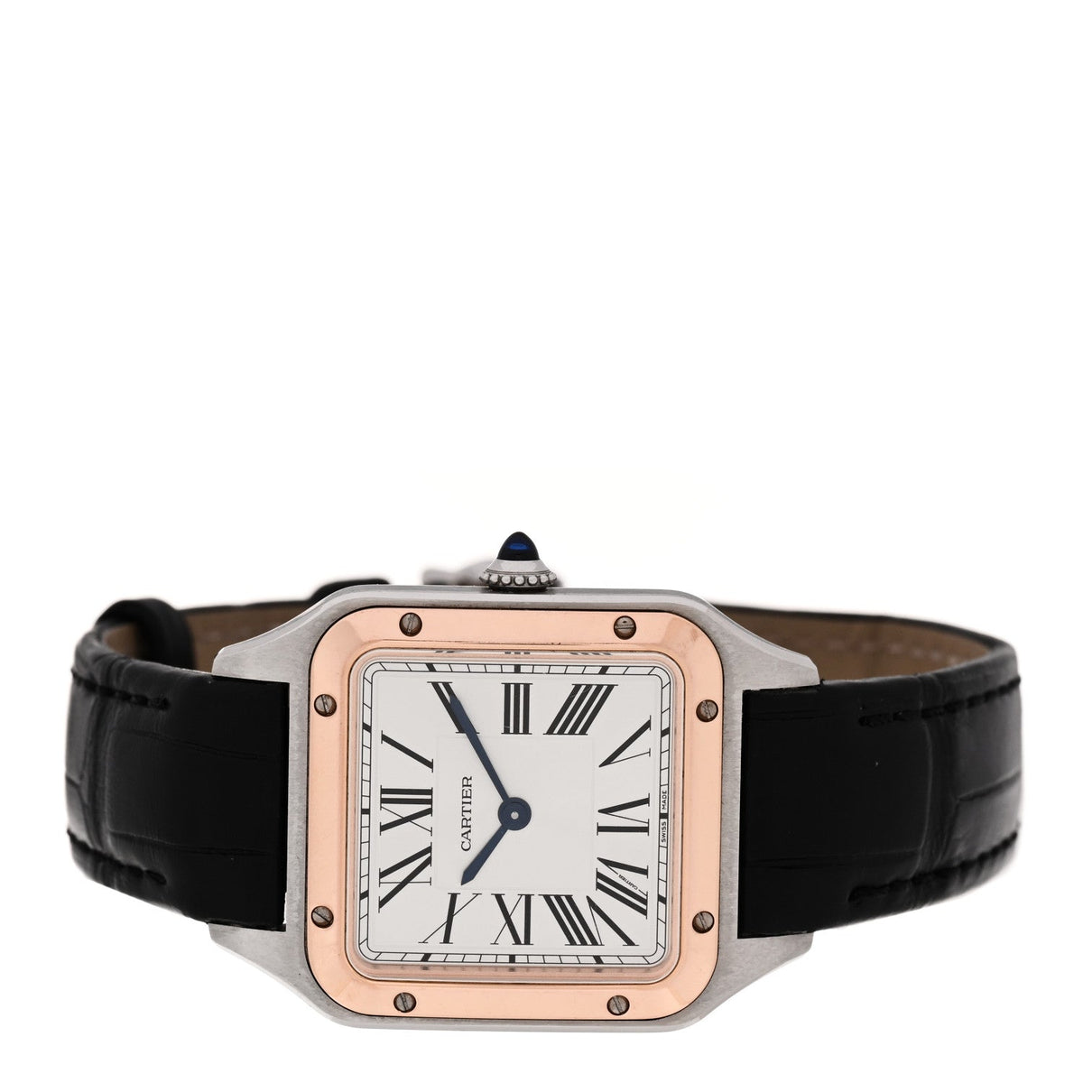 Stainless Steel 18K Pink Gold Alligator 27.5mm Santos Dumont Quartz Watch