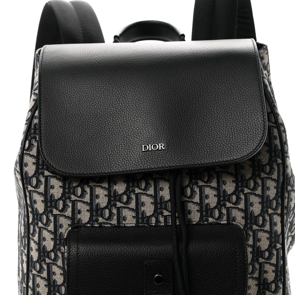 Oblique Jacquard Grained Calfskin Drawstring Saddle Backpack Beige Black