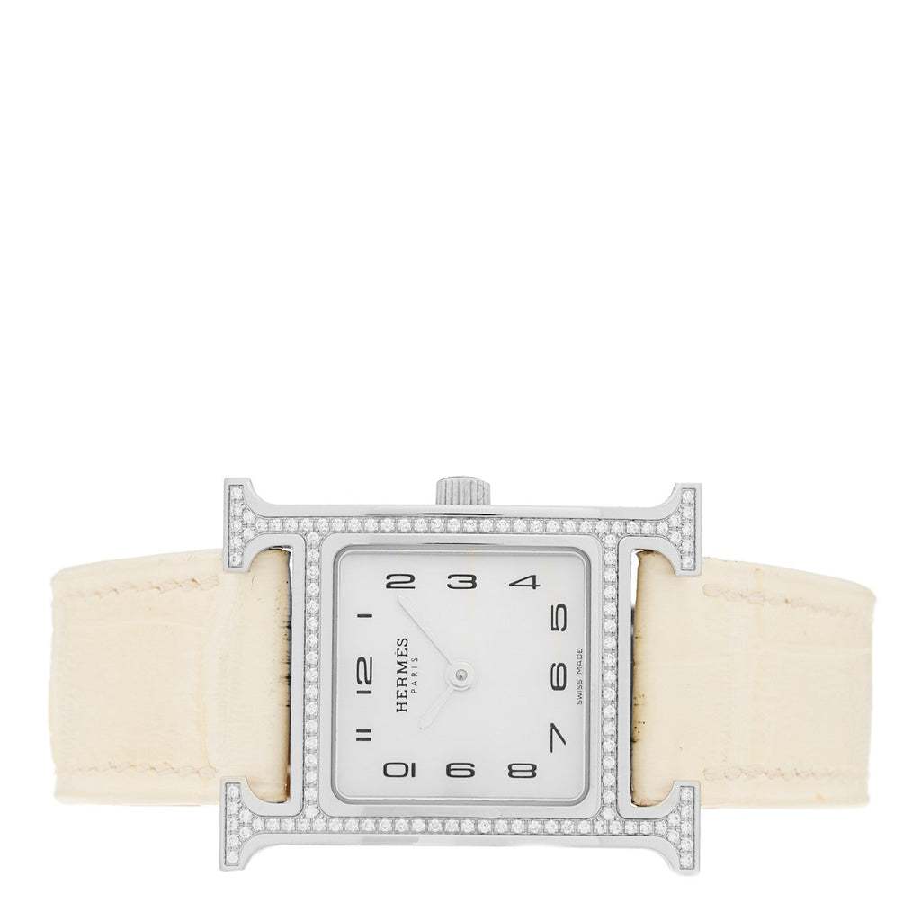 Stainless Steel Alligator Diamond Bezel Mother of Pearl 21mm Heure H Hour Quartz Watch Blanc