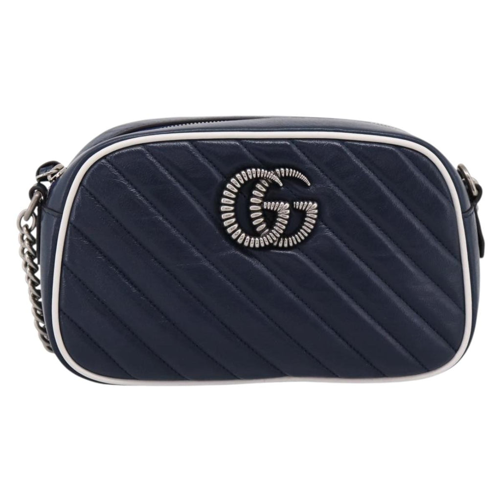 GUCCI GG Marmont Chain Shoulder Bag Leather Navy Silver 447632 Auth ep16656V