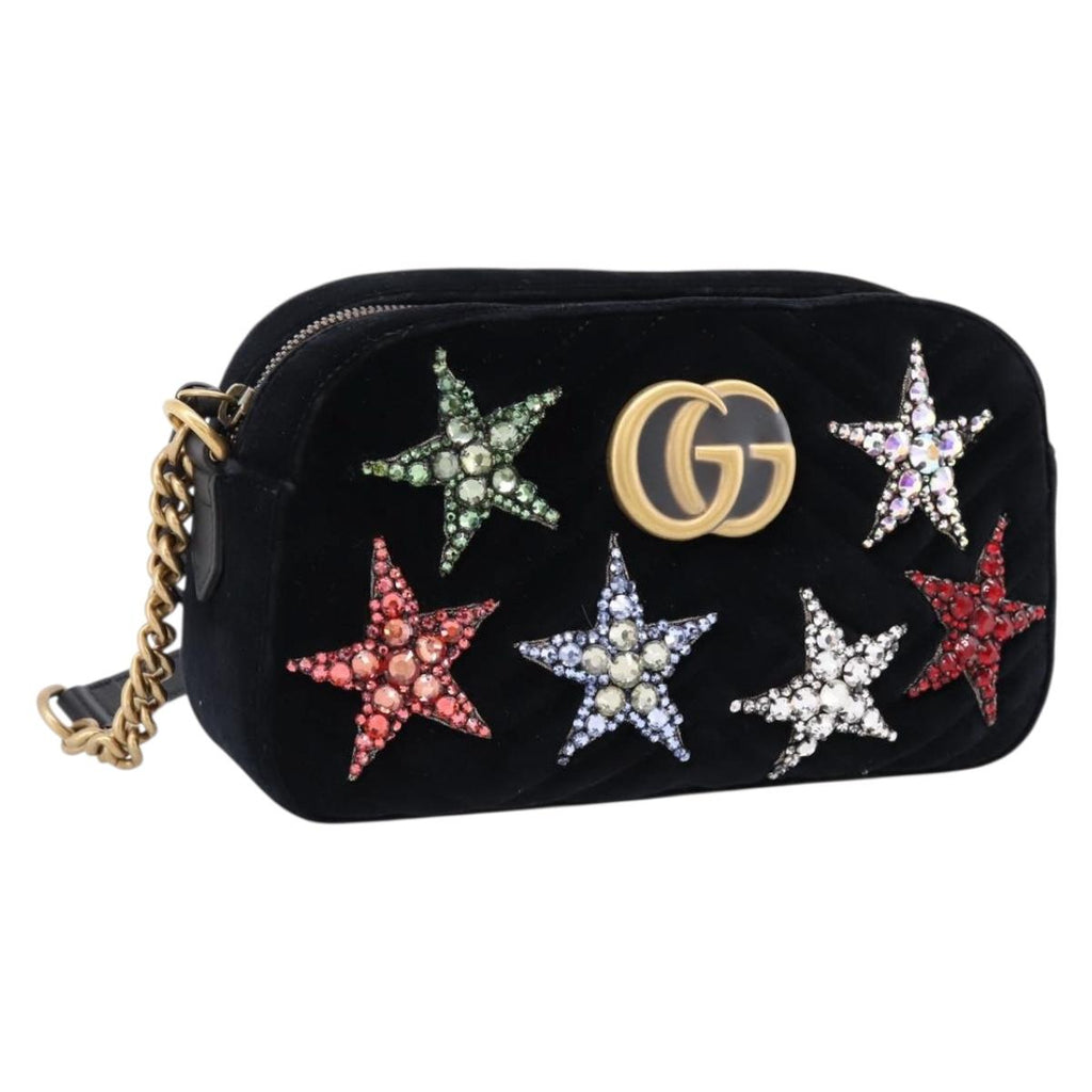 GUCCI GG Marmont Chain Shoulder Bag Velor Black Gold Tone 447632 Auth ep16678M