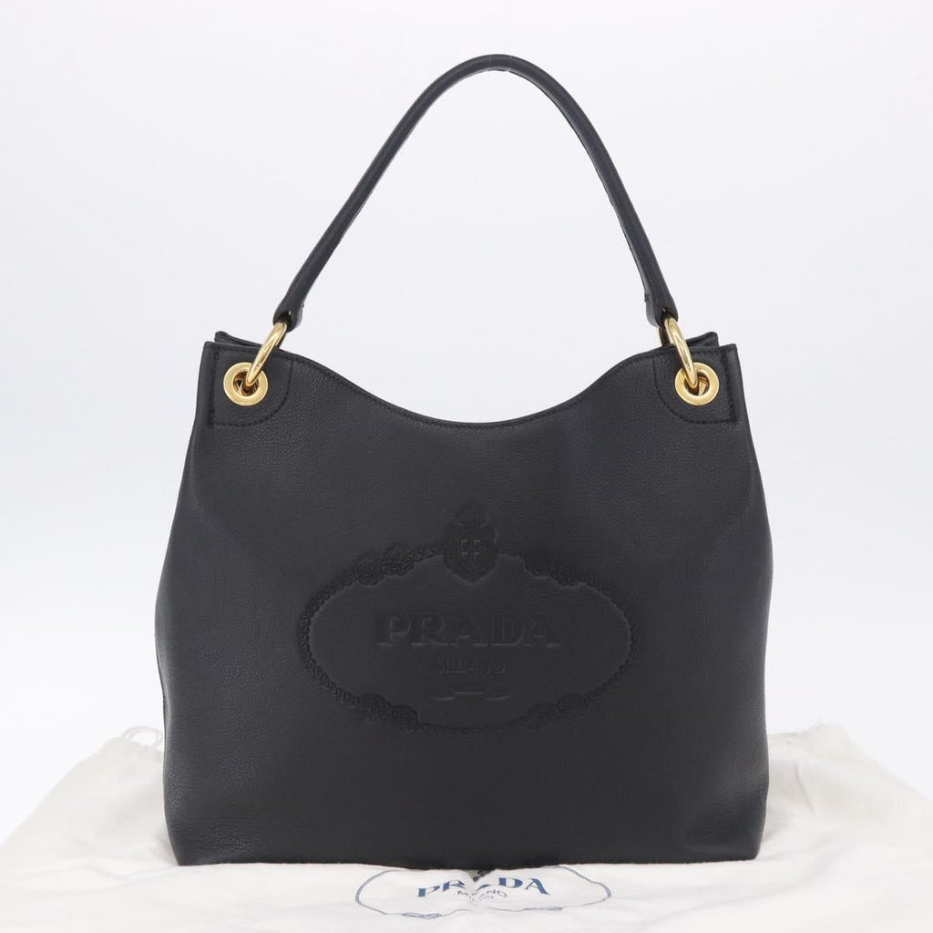 PRADA Shoulder Bag Leather Black Gold Tone Auth ka6289M