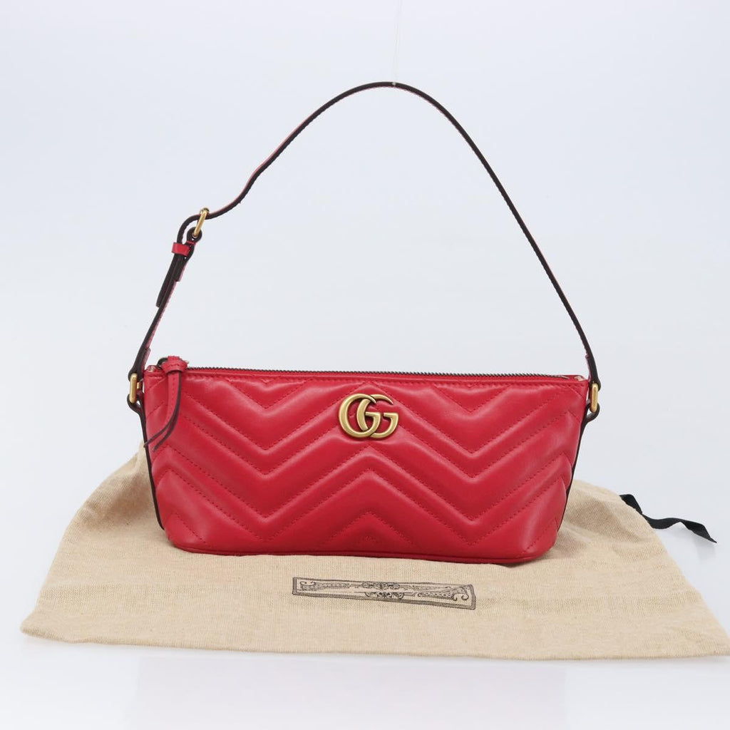 GUCCI GG Marmont Hand Bag Leather Red Gold 739166 Auth ka6352V