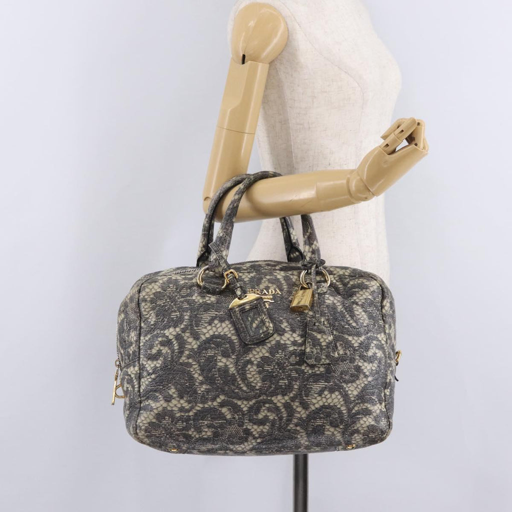 PRADA Hand Bag Leather Gray Gold Auth ka6590V