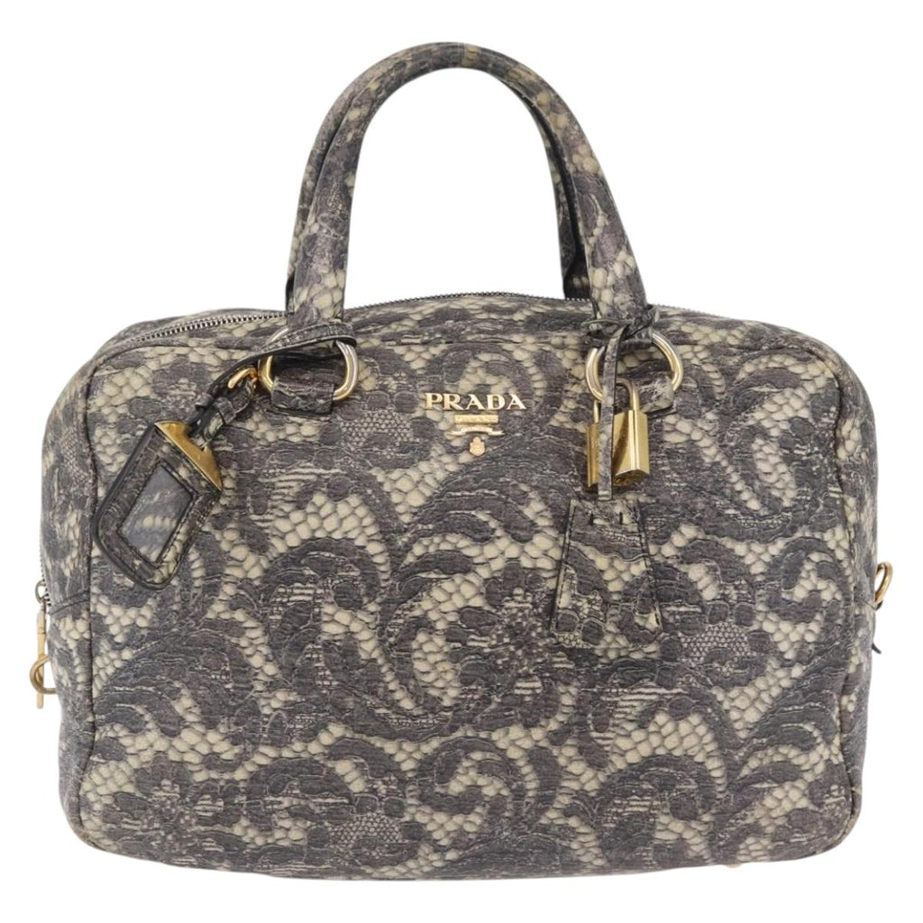PRADA Hand Bag Leather Gray Gold Auth ka6590V
