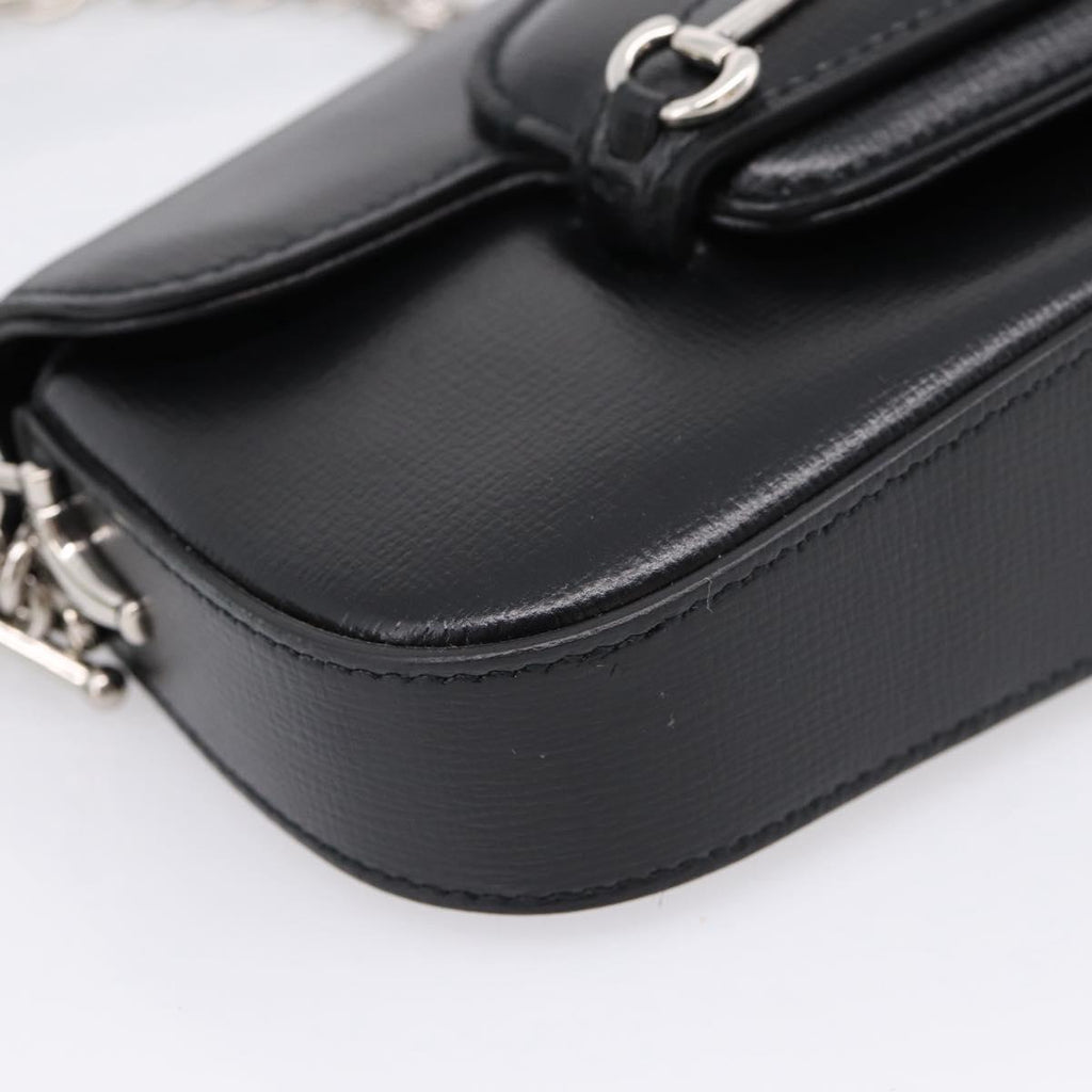 GUCCI Horsebit Chain Hand Bag Leather 2way Black Silver 774209 Auth ka6716M