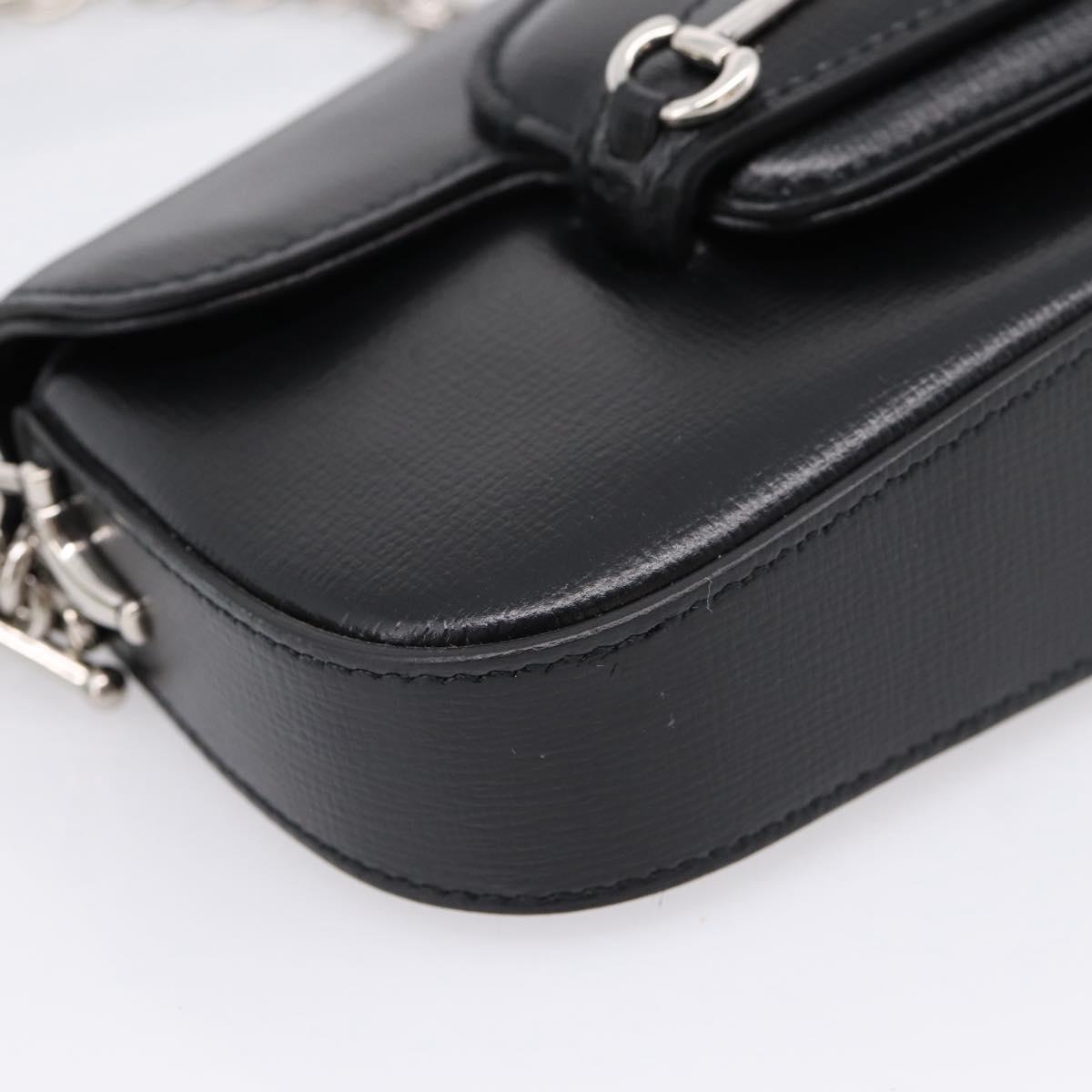 GUCCI Horsebit Chain Hand Bag Leather 2way Black Silver 774209 Auth ka6716M