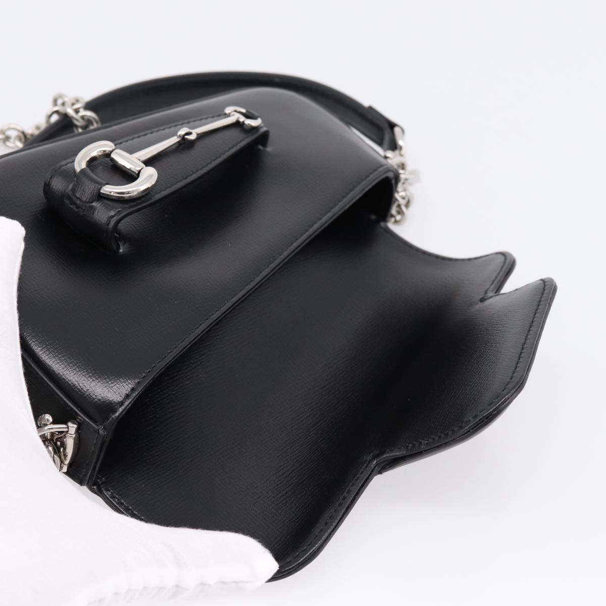 GUCCI Horsebit Chain Hand Bag Leather 2way Black Silver 774209 Auth ka6716M