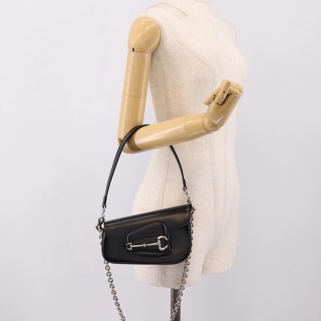 GUCCI Horsebit Chain Hand Bag Leather 2way Black Silver 774209 Auth ka6716M