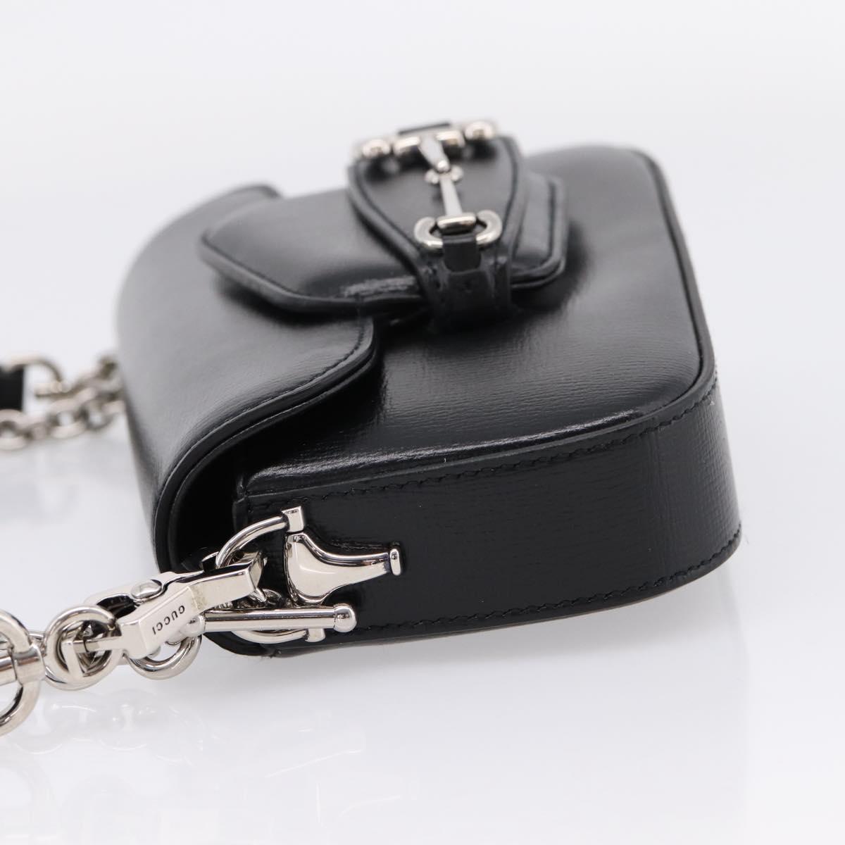 GUCCI Horsebit Chain Hand Bag Leather 2way Black Silver 774209 Auth ka6716M