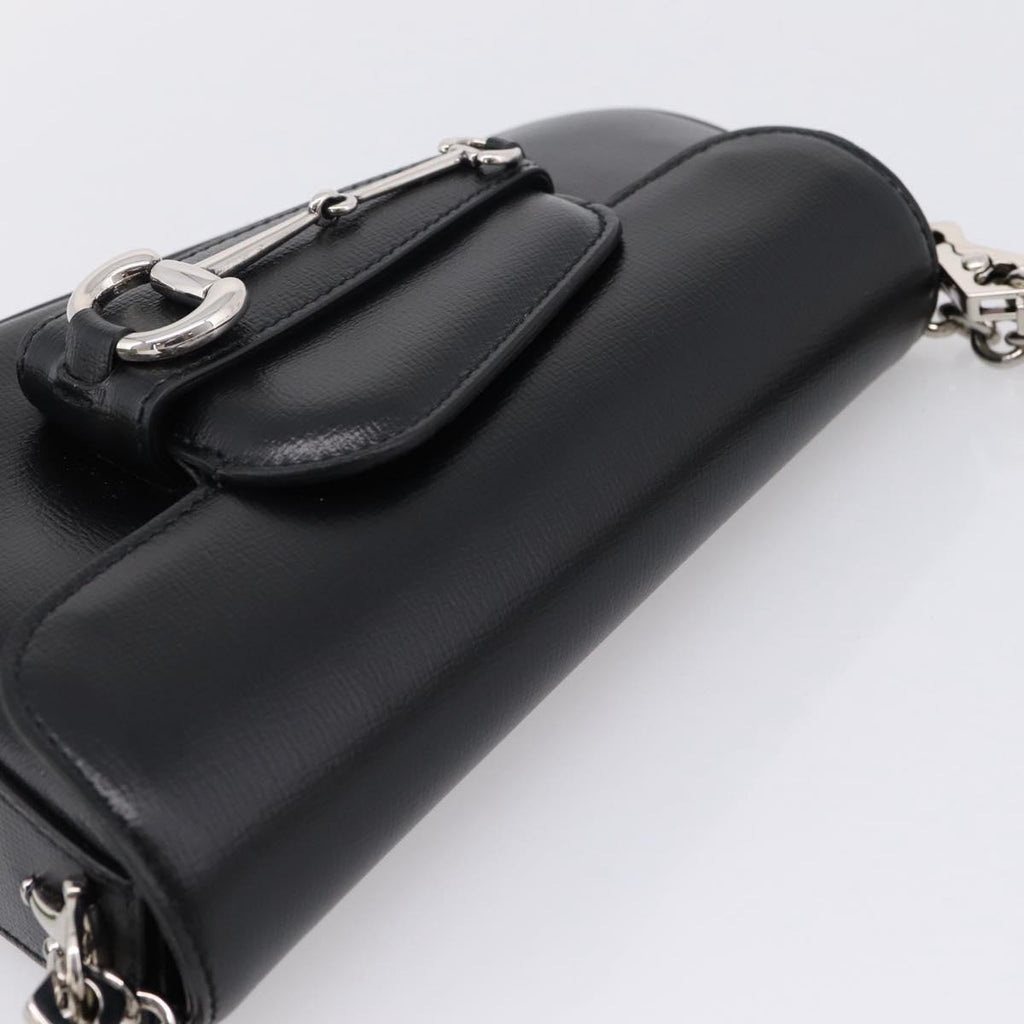 GUCCI Horsebit Chain Hand Bag Leather 2way Black Silver 774209 Auth ka6716M