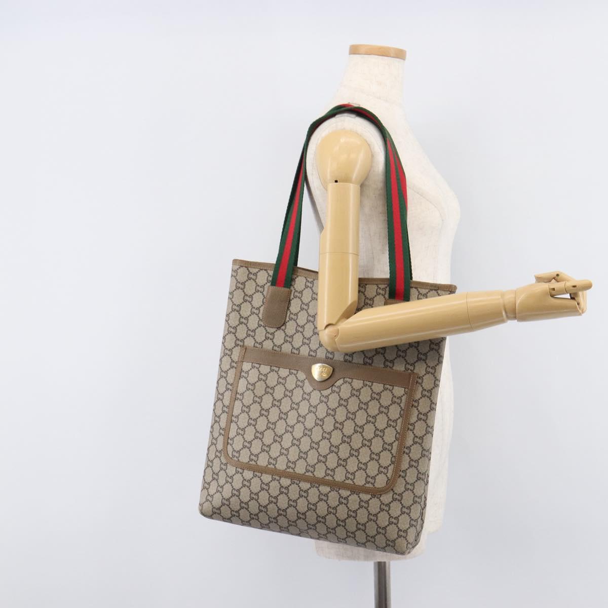 GUCCI GG Plus Tote Bag PVC Leather Beige Gold Tone Auth ka6742