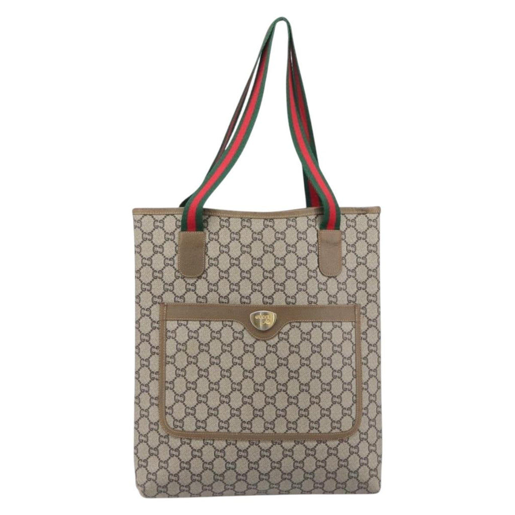 GUCCI GG Plus Tote Bag PVC Leather Beige Gold Tone Auth ka6742