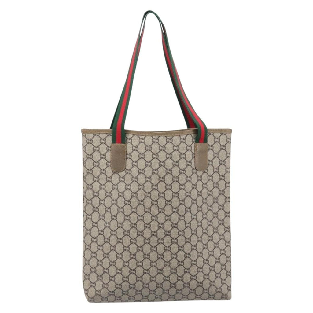 GUCCI GG Plus Tote Bag PVC Leather Beige Gold Tone Auth ka6742