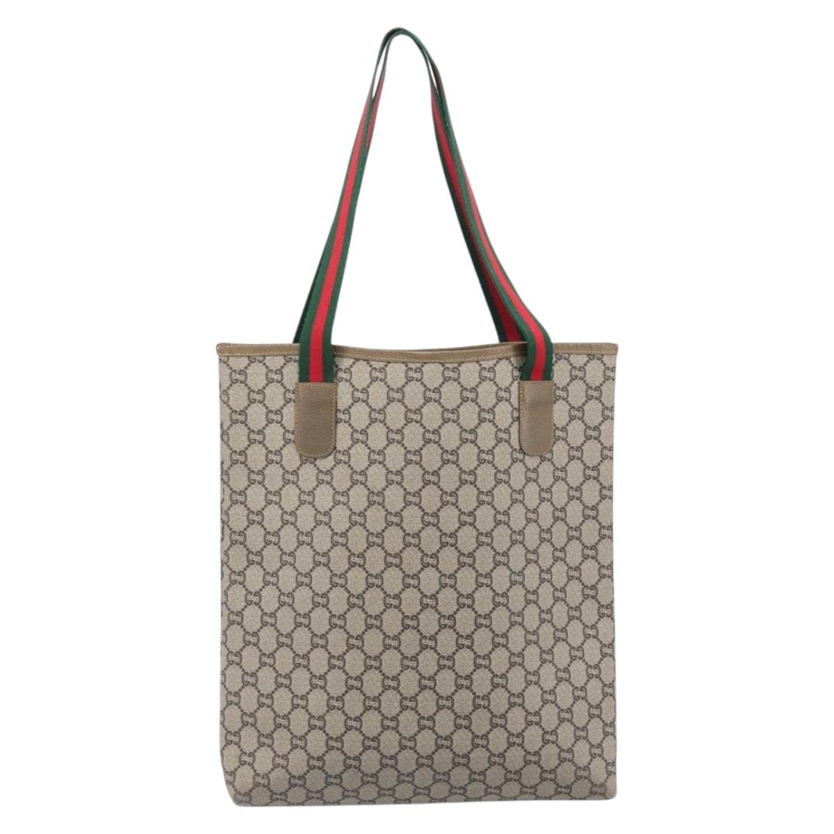GUCCI GG Plus Tote Bag PVC Leather Beige Gold Tone Auth ka6742