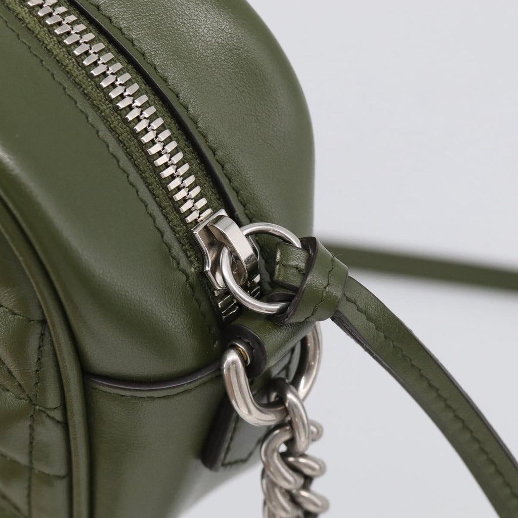 GUCCI GG Marmont Chain Shoulder Bag Leather Khaki Silver 447632 Auth ka6867V