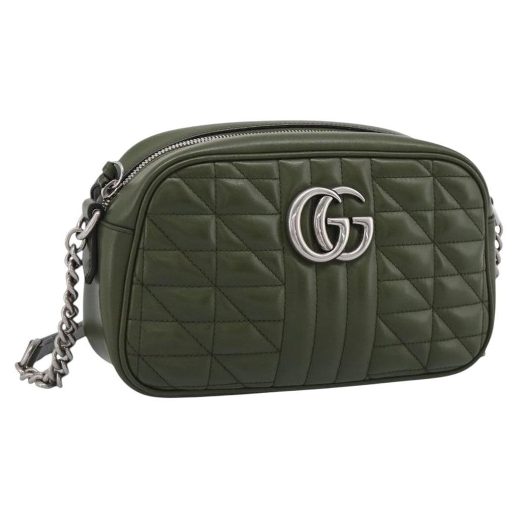 GUCCI GG Marmont Chain Shoulder Bag Leather Khaki Silver 447632 Auth ka6867V