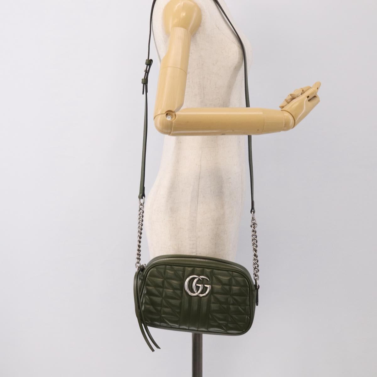 GUCCI GG Marmont Chain Shoulder Bag Leather Khaki Silver 447632 Auth ka6867V