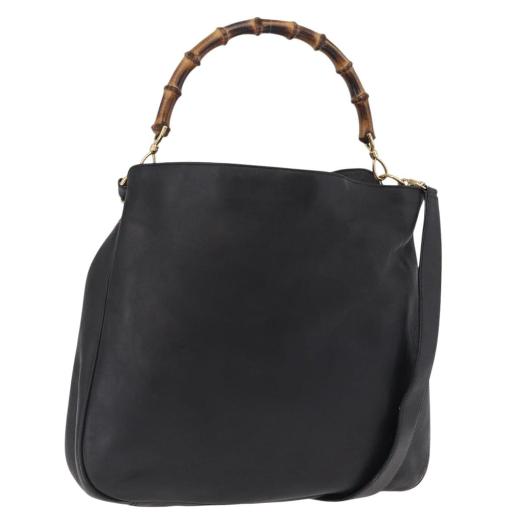 GUCCI Bamboo Hand Bag Leather Black Gold Tone 001 123 1577 Auth mr3072A