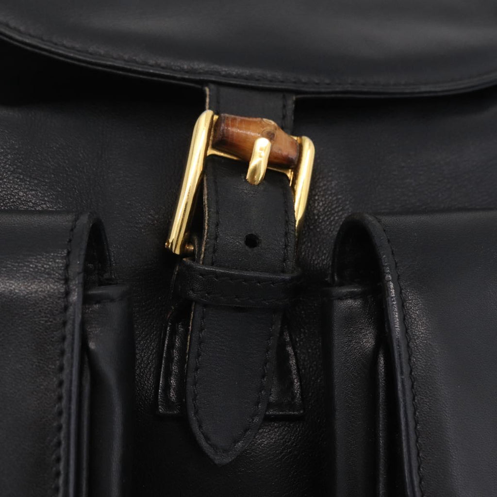 GUCCI Bamboo Backpack Leather Black Gold Tone 003 2058 0016 Auth mr3112