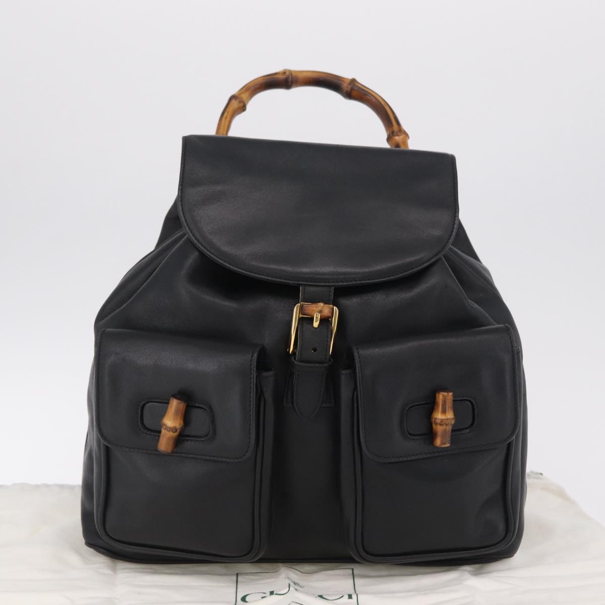 GUCCI Bamboo Backpack Leather Black Gold Tone 003 2058 0016 Auth mr3112