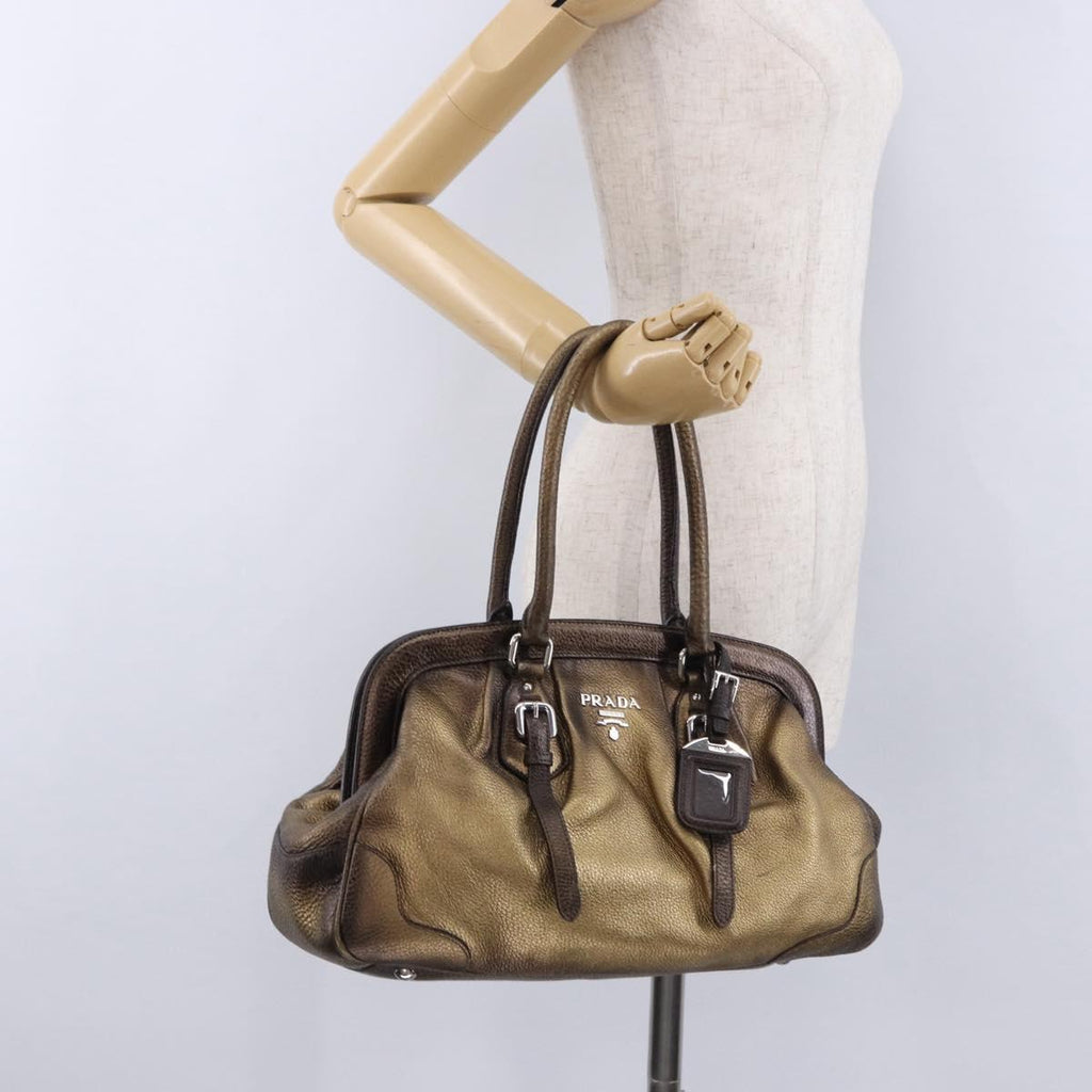 PRADA Hand Bag Leather Gold Tone Auth yk20860V